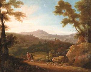 Italianate Landscapes with Hunters at Sunrise and Sunset by Jacques d' Arthois