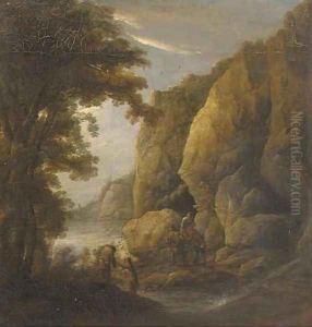 A mountain gorge with travellers on a path