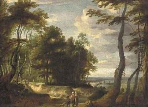 A wooded landscape landscape with peasants on a path by Jacques d' Arthois