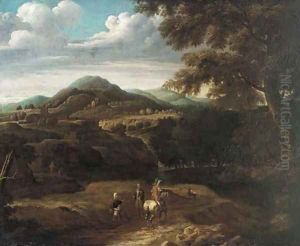 A wooded mountainous landscape with travellers on a track by Jacques d' Arthois