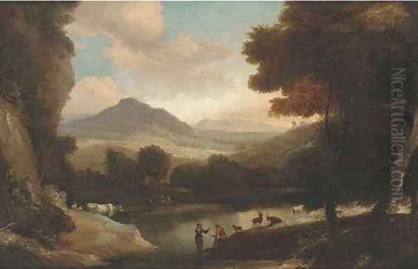 A wooded river landscape with cattle and figures resting on a bank - view 1