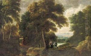 A wooded river landscape with elegant company on a path, with cottage a beyond by Jacques d' Arthois