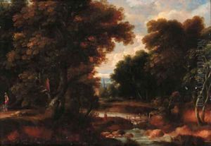 A wooded river landscape with figures on a track, a church beyond by Jacques d' Arthois