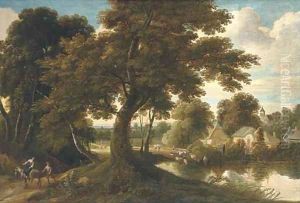 A wooded village landscape with a drover and his cattle crossing a ford and figures on a track by Jacques d' Arthois