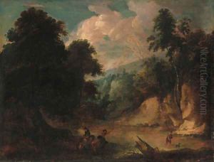 A rocky river landscape with a fisherman and a drover watering cattle by Jacques d' Arthois