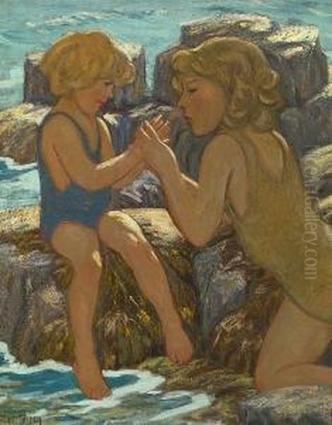 Two Girls Playing In Tide Pools - view 1