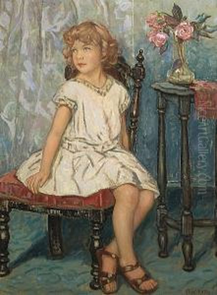 A Portrait Of A Young Girl Seated On A Red Chair - view 1