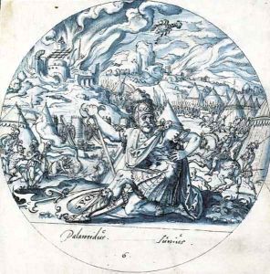 An allegory of the month of June Palamedes kneeling by Jost Amman