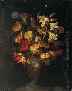 Lilies, tulips, roses, carnations, irises and other flowers by Juan De Arellano