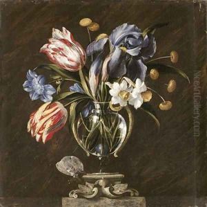 Tulips, daffodils, irises and other flowers in a glass vase on a sculpted stand, with a butterfly by Juan De Arellano