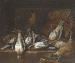 Dead game and a caged bird on a ledge by Philips Angel