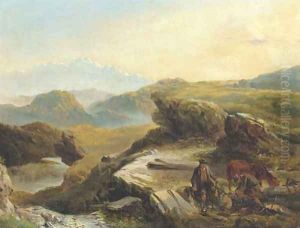 Highland landscape with figures logging in the foreground