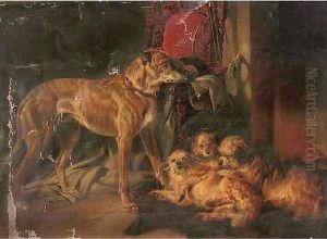 A Scottish deerhound and three dandy dinmonts by an open fire by Richard Ansdell