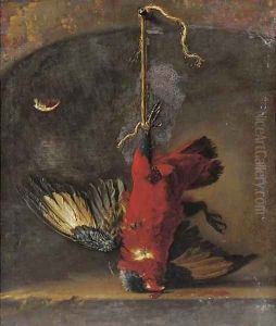 A dead songbird hanging by a niche by Willem Van Aelst