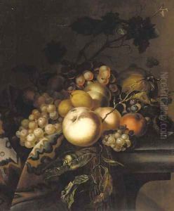 Grapes and vine leaves, peaches, apricots, horse chestnuts and blackberries on a draped ledge by Willem Van Aelst