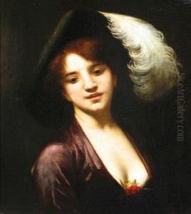 A Portrait Of A Woman With A Feather In Her Hat by Victor Tortez