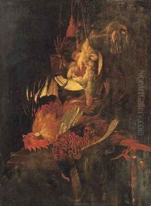 A dead cockerel and game birds suspended by Willem Van Aelst