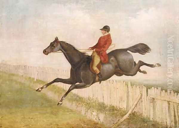 A huntsman on horseback jumping a fence - view 1