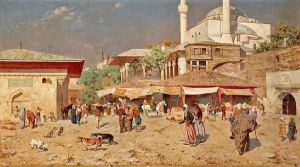 A Busy Street Outside Of A Mosque