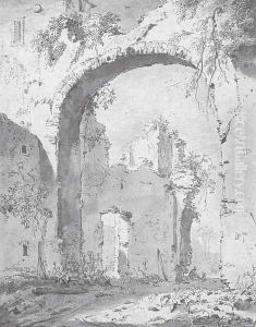 A ruined villa in the Roman campagna seen through a high arch by Jan Asselijn