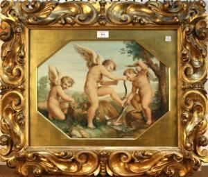 Three Cherubs Forging Weapons At Apool Of Water Within A Rocky Landscape
