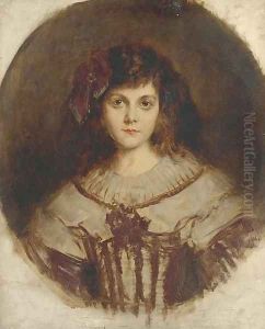 Portrait of a young girl, bust-length, with a red bow in her hair by Rene Avigdor
