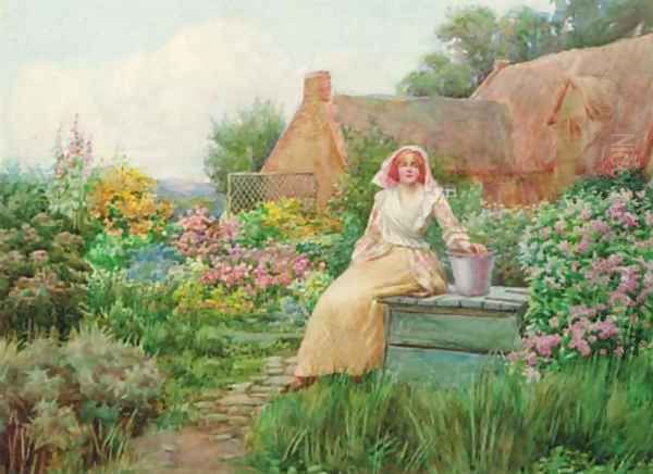 Young lady seated in a cottage garden - view 1