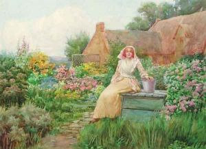 Young lady seated in a cottage garden by William F. Ashburner
