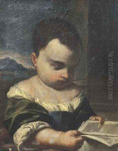 A young girl reading a book, a landscape beyond by Antonio Amorosi