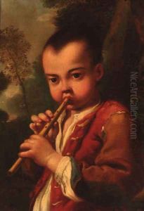 A boy playing a flute in a landscape by Antonio Amorosi