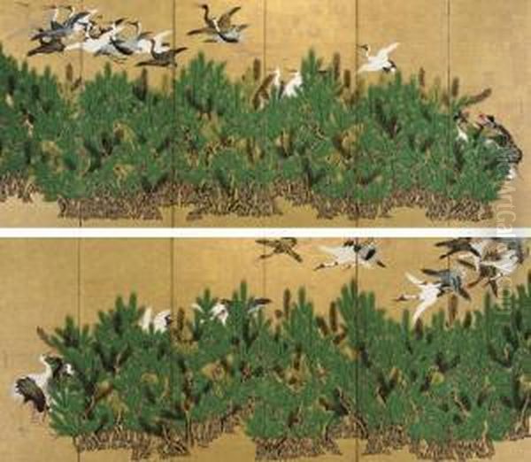 Cranes And Pine Trees - view 1