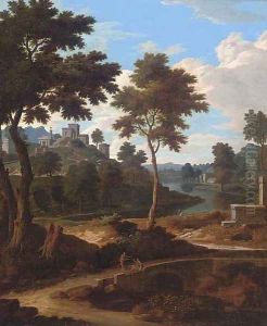 An extensive Italianate river landscape with two men resting on a bridge by Etienne Allegrain