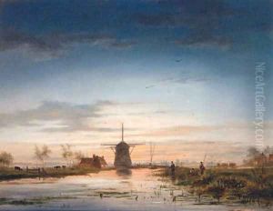 Anglers beside a Canal with a Windmill beyond