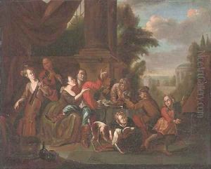 Elegant company drinking and music making in a courtyard by Joseph van Aken