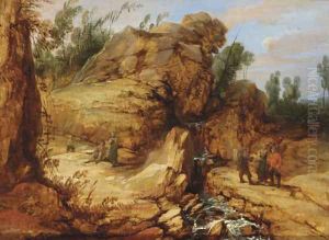 A rocky river landscape with travellers in the foreground by Lucas Achtschellinck