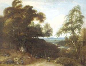 A wooded landscape with figures and dogs in a clearing by Lucas Achtschellinck