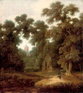 A wooded landscape with figures at rest on a track, a cottage and church beyond A wooded landscape with figures at rest on a track, a cottage and church beyond