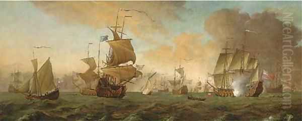 The return of Anson's ship the Centurion, with the flagship saluting her arrival - view 1