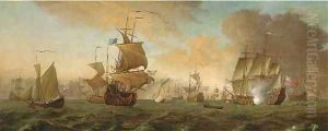 The return of Anson's ship the Centurion, with the flagship saluting her arrival by Thomas Allen