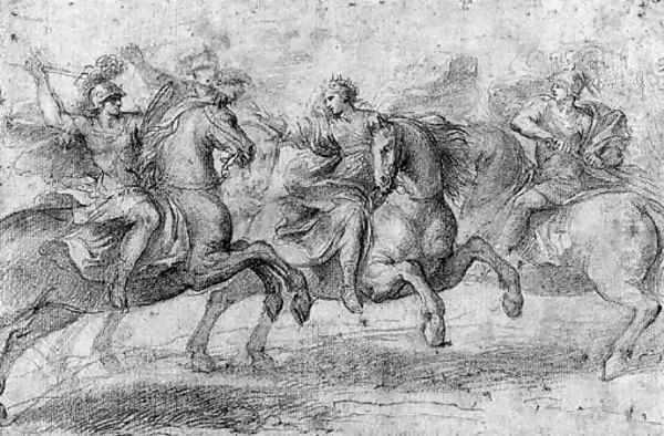 A Queen on Horseback interceding between two Warriors - view 1