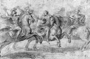 A Queen on Horseback interceding between two Warriors