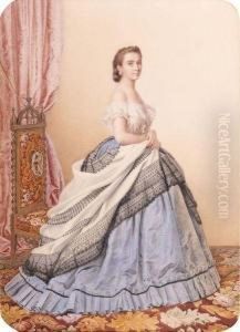 Portrait D'une Dame Portant Une Robe A Crinoline Dans Un Interieur by Adele Anais Colin Toudouze