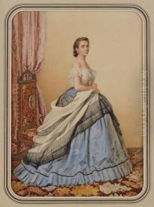Portrait D'une Dame Portant Une Robe A Crinoline Dans Uninterieur by Adele Anais Colin Toudouze