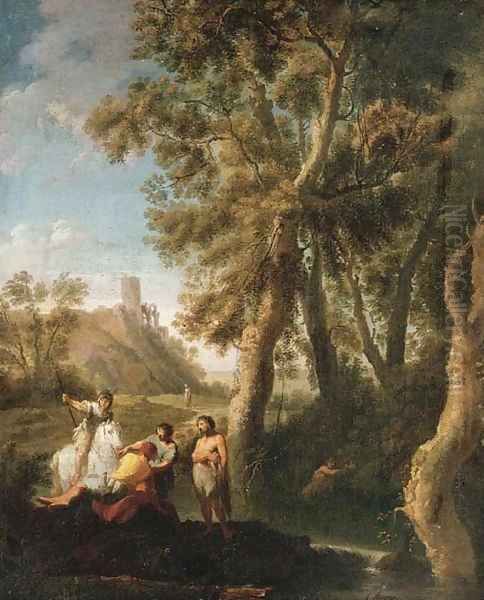 Classical figures conversing on the banks of a river - view 1