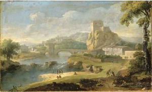 Figures in a river landscape with a bridge and walled city beyond