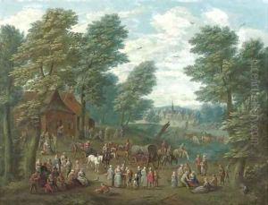 A wooded landscape with numerous peasants and carriages in an open clearing by School Of Antwerp