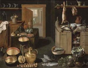A kitchen interior with dead game on a wooden ledge by School Of Antwerp