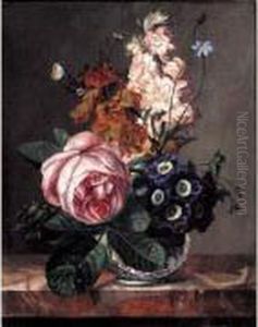 Vase De Fleurs Avec Rose Et Bleuets Sur Un Entablement by Jean Ulrich Tournier
