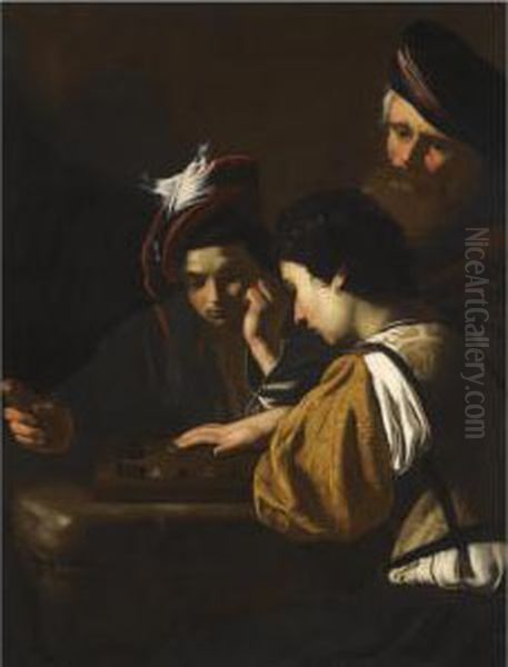 Young Boys Playing Backgammon An Old Man Watching In The Background - view 1