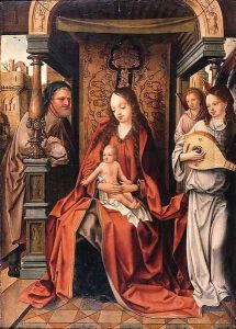 The Virgin and Child enthroned with Saint Joseph and music-making Angels by School Of Antwerp
